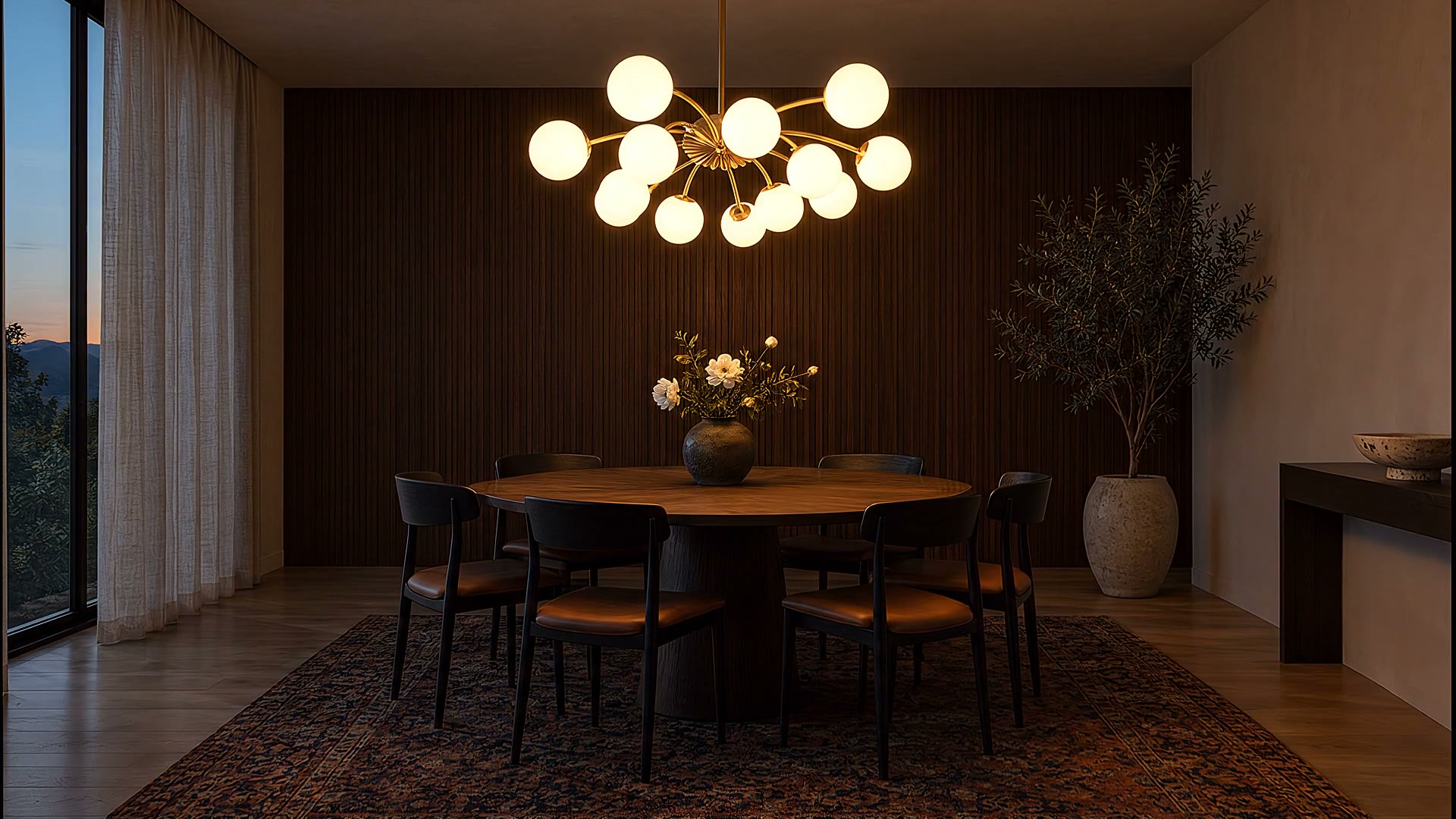 A dining room at dusk, lit by a brass chandelier with twelve glowing opal globes over a walnut table.
