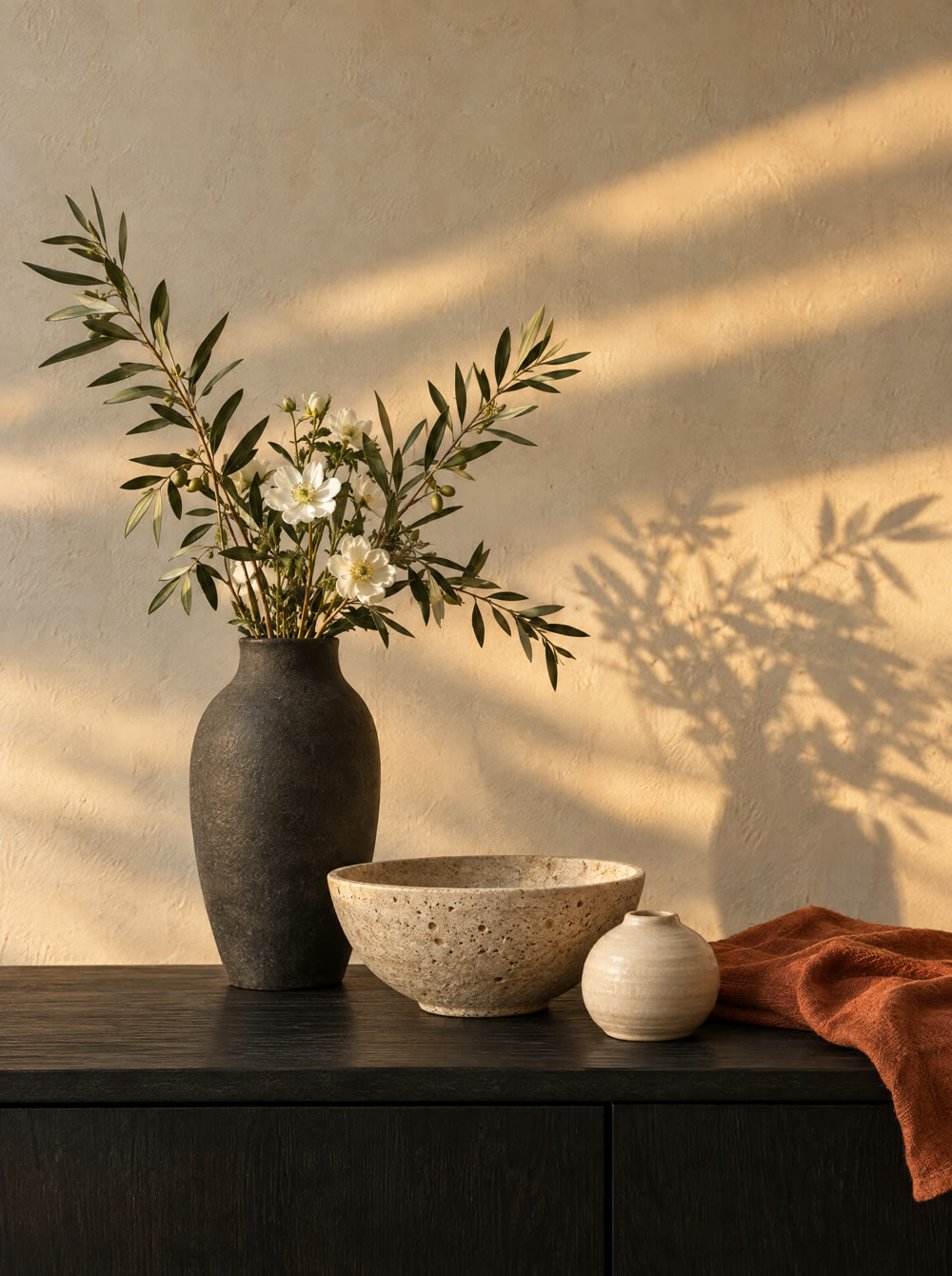 Stoneware vessels and a linen throw on a travertine console in late light.