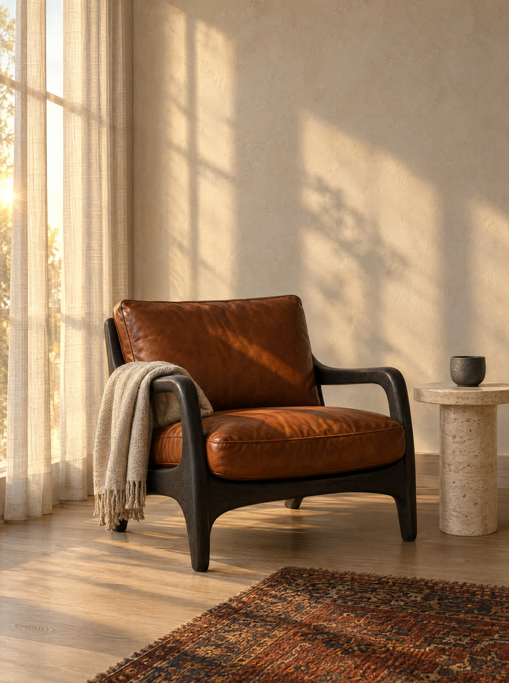 A sculptural lounge chair and side table by a sunlit window.